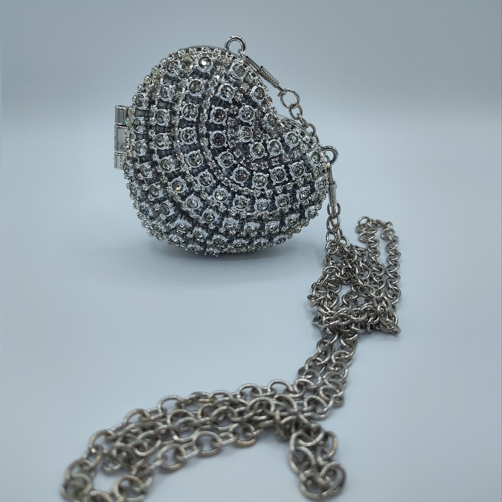 Silver Rhinestone Heart Minaudière Clutch Sparkly Wedding Evening Bag